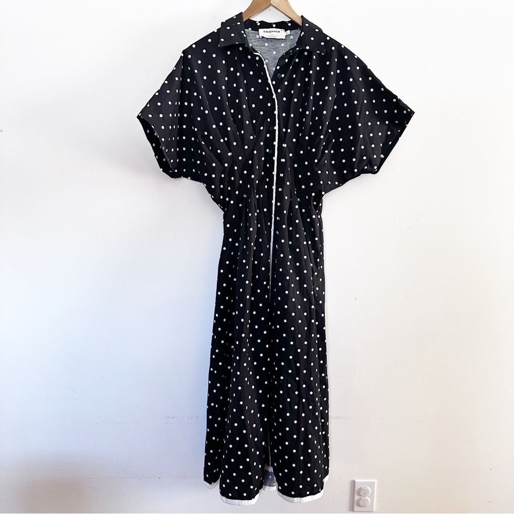 Anthropologie Black Polka Dot Midi Dress with White Trim - Picture 8 of 10